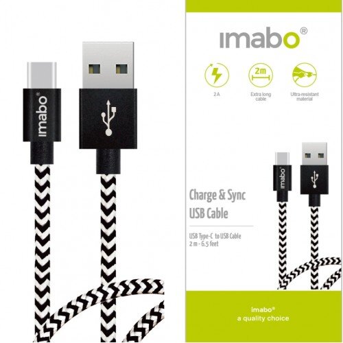 2m imabo® Nylon USB Type C Kabel mit Metalsteckern, 2A Schnellladefunktion